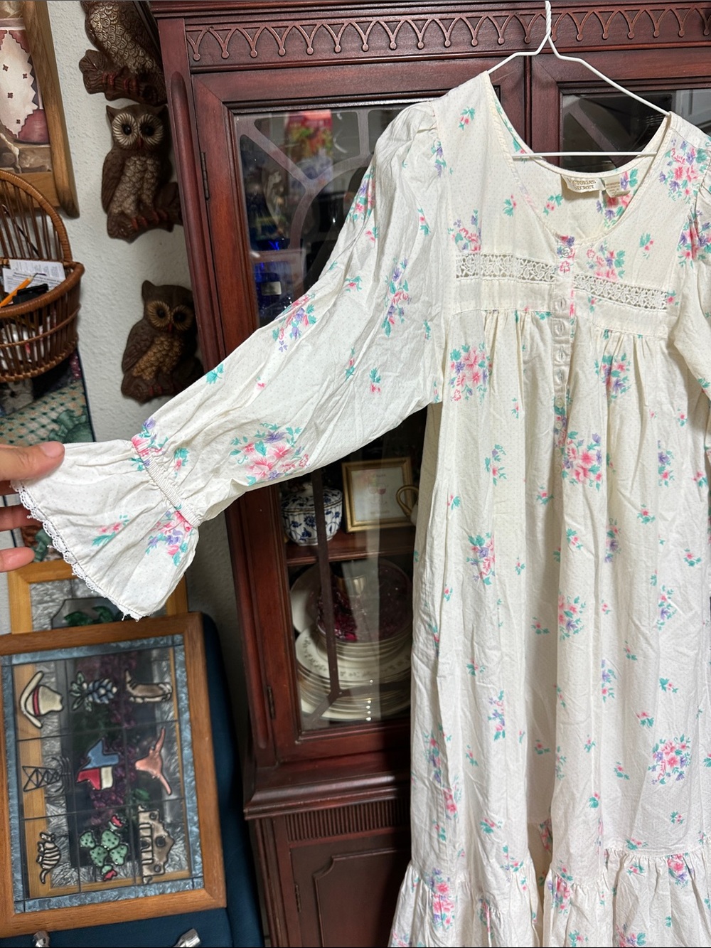 Victoria's Secret Cream Floral Long Sleeve Nightgown with Pink & Blue Flowers - Picture 4 of 7